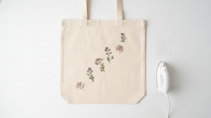 Dried Flower Canvas Tote Minimalist canvas tote bag decorated with dried pressed flowers on front panel.