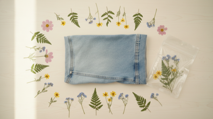 Dried Flowers Denim DIY Flat lay dried pressed flowers and denim fabric for clothing upcycling DIY.
