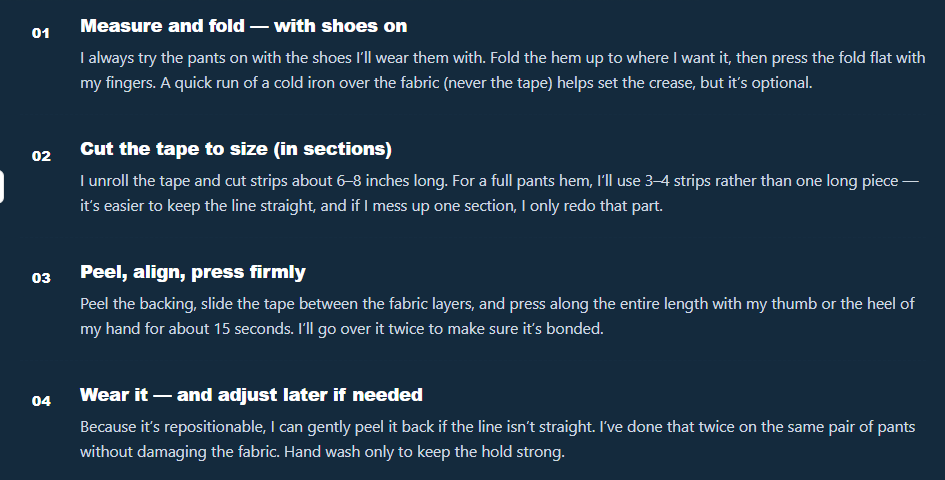 Four-Step Instructions for Hemming Tape A step-by-step user guide with text instructions on a dark blue background, detailing the steps of measuring and folding, cutting tape into sections, peeling and pressing firmly, and wearing or adjusting the hem.