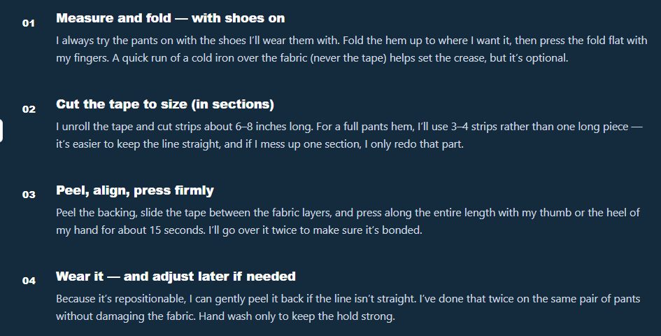 A step-by-step user guide with text instructions on a dark blue background, detailing the steps of measuring and folding, cutting tape into sections, peeling and pressing firmly, and wearing or adjusting the hem.