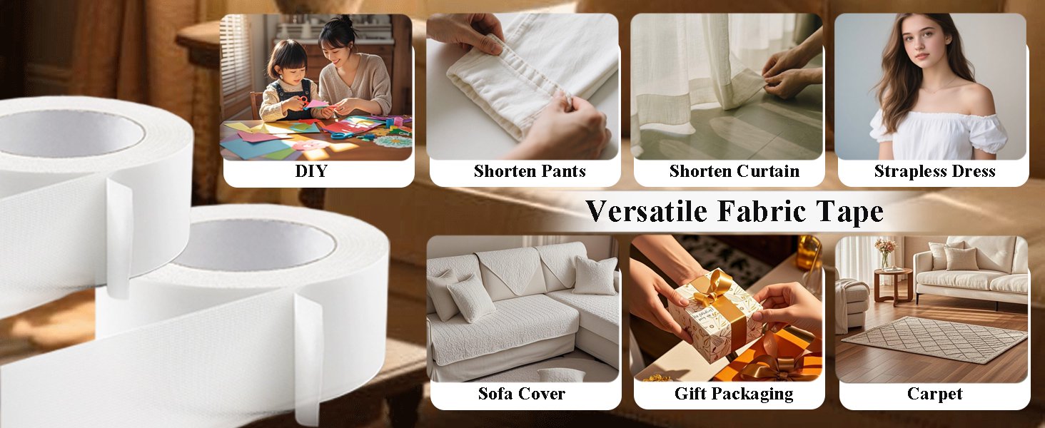 Versatile Applications of Fabric Tape An infographic displaying two rolls of white fabric tape alongside seven photo panels that show various uses, such as DIY projects, shortening pants or curtains, securing strapless dresses, styling sofa covers, gift packaging, and holding carpets.