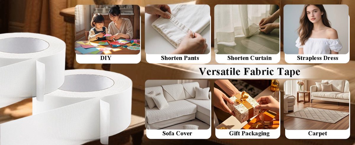 An infographic displaying two rolls of white fabric tape alongside seven photo panels that show various uses, such as DIY projects, shortening pants or curtains, securing strapless dresses, styling sofa covers, gift packaging, and holding carpets.