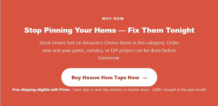 A promotional call-to-action banner on a reddish-orange background with text prompting customers to buy Hoacm Hem Tape, featuring a white button to purchase and details on Prime shipping availability.