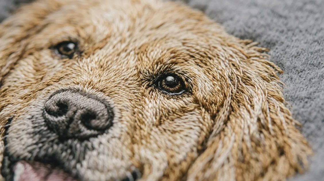 Embroidery detail illustration An embroidered portrait is different because it is stitched, not printed, which means it does not peel, crack, or fade the way a heat-transfer graphic does.